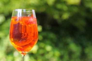 Kırmızı turuncu karışımı şarap bardağına doldur ve yeşil bitkilerle buz küplerini birleştir