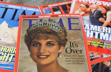 Viersen, Almanya - 28 Aralık. 2019: Time dergisinin kapağını 90 'lardaki Lady Diana haberiyle kapatın