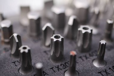 Farklı tipte vida sürücü başlıkları olan araç kutusunu Makro kapat (torx başlığına odaklan)