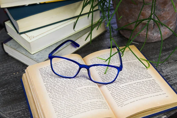 Wiersen Niemcy Sierpnia 2019 Widok Otwartą Żółtą Książkę Niebieskimi Okularami — Zdjęcie stockowe