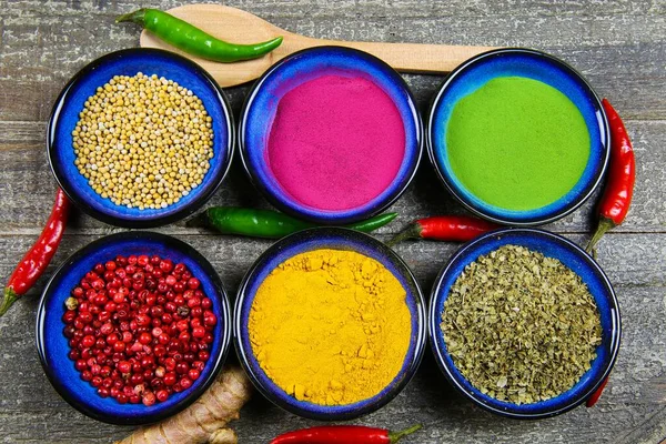 Close View Six Blue Bowls Various Colorful Spice Powder Grains — Stock Photo, Image