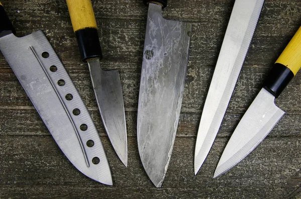 View Set Japanese European Chef Knives Wood Table — Stock Photo, Image