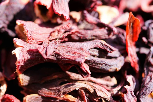 Macro Close Pile Red Dried Hibiscus Flower Blossoms Bright Natural — Stock Photo, Image