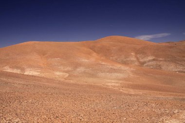 Şili 'nin Atacama Çölü' nün ortasındaki kırmızı çorak arazide tekerlek izleri.