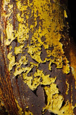 Landschaftspark Duisburg, Almanya: Aşınmış metal bir tüpü soyan çok renkli parlak boyaya yakın plan