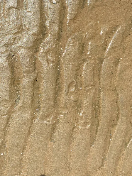 Detailní Záběr Izolovaného Kalu Hnědého Písku Vodními Pramínky Během Odlivu — Stock fotografie