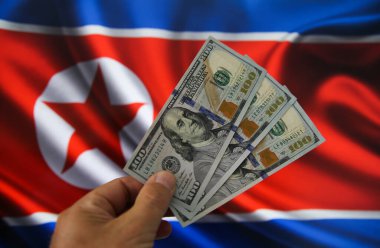 Viersen, Almanya - 9 Temmuz. 2020: 100 dolarlık banknotlarla izole edilmiş ele bakın. Bulanık Kuzey Kore bayrağı geçmişi. (kafaya odaklan)