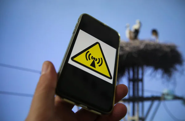 View on hand holding mobile phone with international radio frequency hazard sign against blue sky, power pole and electricity supply line with stork famyliy nest background.  (focus on upper symbol)