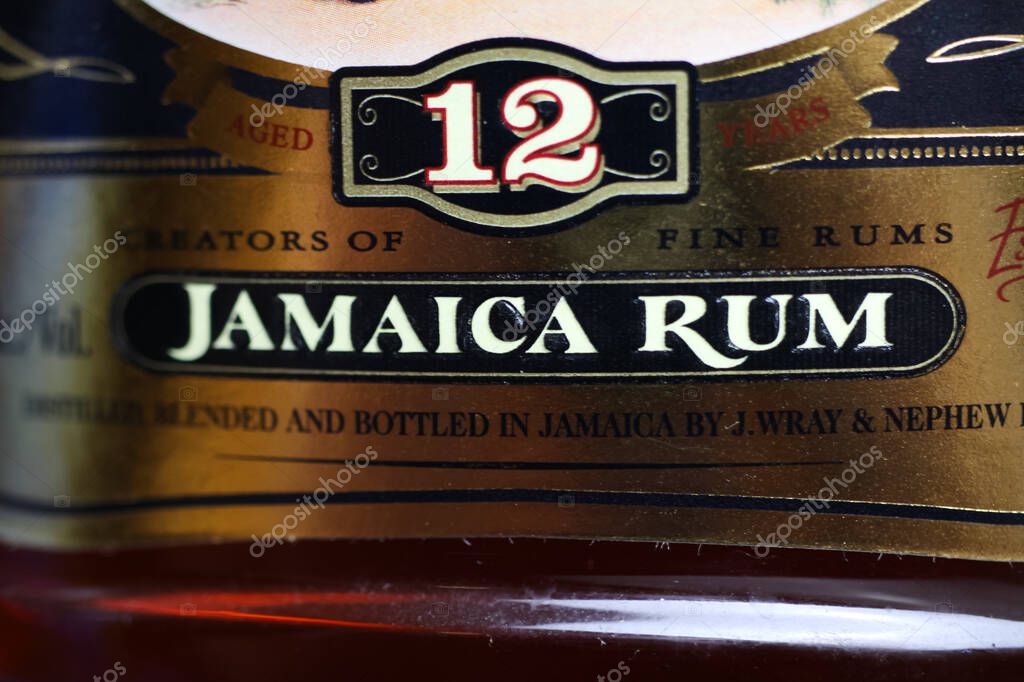 Viersen, Germany - July 9. 2020: Closeup of isolated bottle label of 12 years old caribbean  jamaica rum (focus on center of white text)