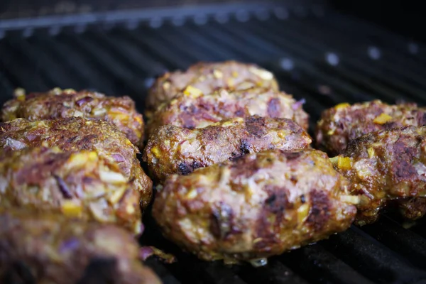 Macro Closeup Grill Isolated Cevapcici Meat Balls Cooking Grid Selective — Stock Photo, Image