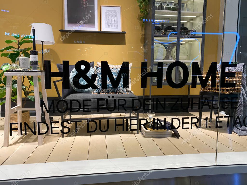Monchengladbach, Germany - September 9. 2020: View on store front window of H and M home fashion in german shopping mall (focus on lettering)