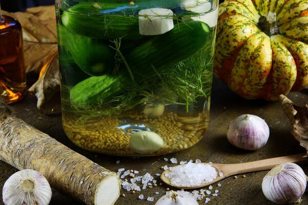 View on glasss jar with pickled cucumbers, salt brine, mustard seeds, dill, horseradish and garlic bulbs on rustic wood table