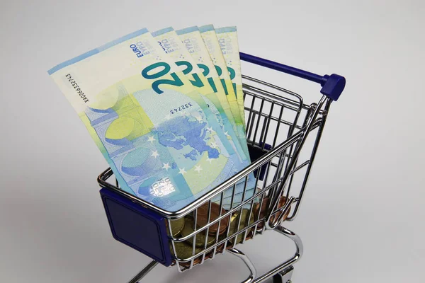 Visa Isolerad Kundvagn Modell Med Eurosedlar Valuta Papper Vit Tom — Stockfoto