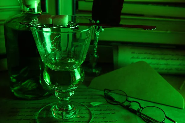 View Isolated Absinth Glass Bottle Gloomy Green Night Atmosphere — Stock Photo, Image