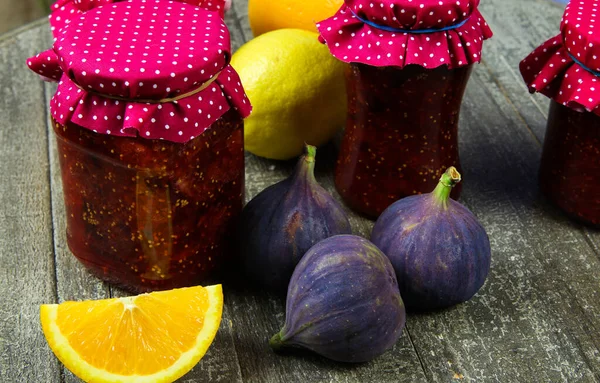 View Jars Homemade Fig Jam Citrus Orange Fruit Wood Table — Stock Photo, Image