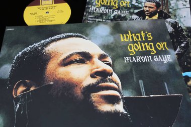Viersen, Almanya - 9 Ocak. 2024: Şarkıcı Marvin Gaye 'in kapanışı Vinil albüm kapağı What Going On from 1971 (odak noktası merkez)