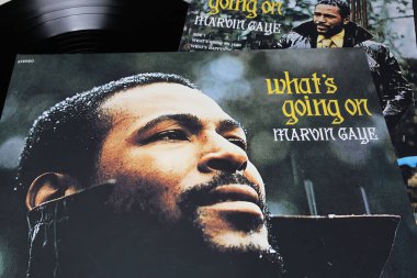 Viersen, Almanya - 9 Ocak. 2024: Şarkıcı Marvin Gaye 'in kapanışı Vinil albüm kapağı What Going On from 1971 (odak noktası merkez)