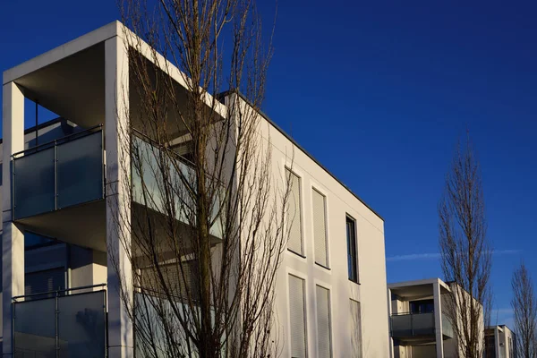 Mavi gökyüzüne ve çıplak ağaçların yanında sıra sıra dizilmiş apartmanları olan birkaç kutu şeklinde yeni bina.