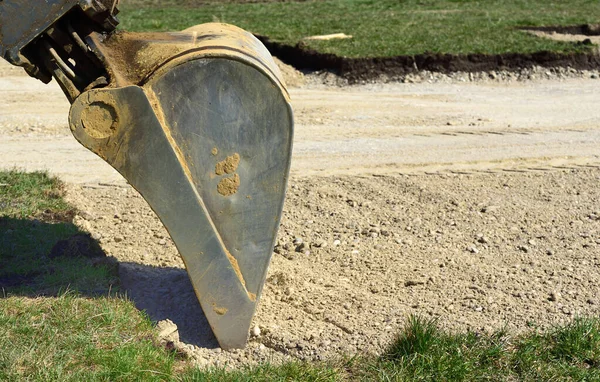 Primer Plano Una Pala Excavadora Sitio Construcción Que Estado Cavando — Foto de Stock