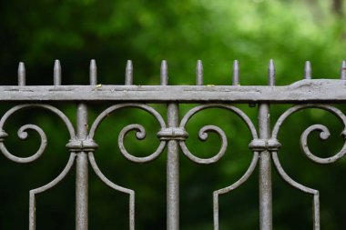 Doğada yeşil arka plana karşı eski bir metal ızgara.