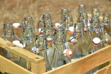 Boş cam şişelerle dolu ahşap bir kutu yazın kuru bir çayırda duruyor.