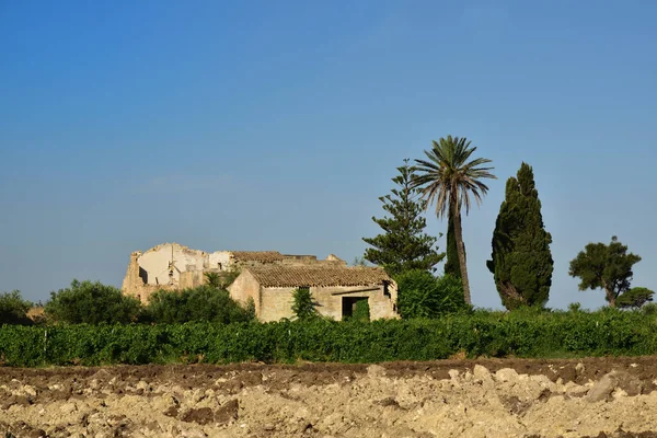 Typical rural scene in Sicily with rural landscape and dilapidated house in front of blue sky and field