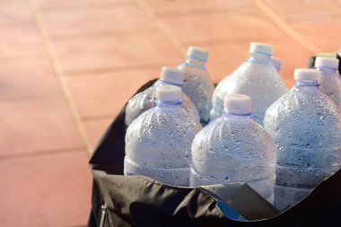 Birkaç boş plastik su şişesi siyah bir çantada, kahverengi fayansların üzerinde.