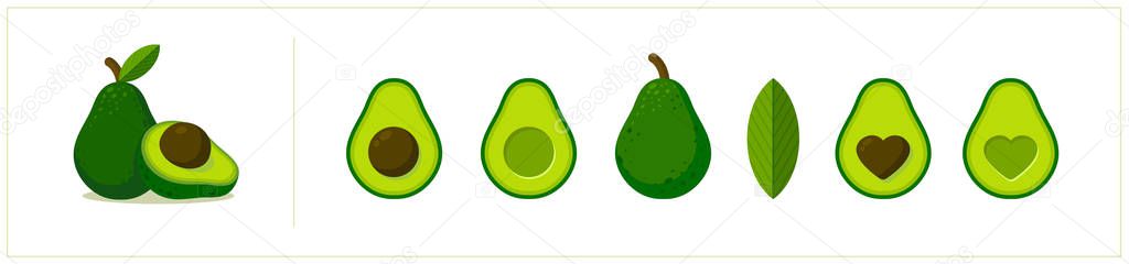 Vector avocado flat icons set. Cartoon design. Whole, half, sliced. Avocado with heart shape seed and with circle shaped seed isolated on white background. Fresh and exotic fruit. Food