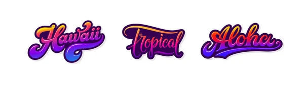 Havaí, tropical, rótulos retro aloha isolados em fundo branco. Conjunto de textos e palavras de verão. Retro rosa e roxo gradiente de sinais tropicais definido. Elementos de design vetorial. Gráfico dos anos 80 — Vetor de Stock