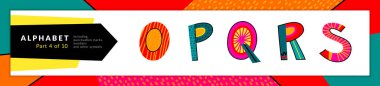 Yazı tipi ve alfabe. Vektör stilize renkli o, p, q, r, s harfleri ayarlayın. Tipografi tasarım ve illüstrasyon. Funky Font ve eğlenceli dize.
