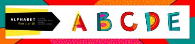 Yazı tipi ve alfabe. Vektör stilize renkli Abc, D, E harf seti. Tipografi tasarım ve illüstrasyon. Funky Font ve dizlik.