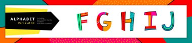 Yazı tipi ve alfabe. Vektör stilize renkli f, g, h, i, j harf seti. Tipografi tasarım ve illüstrasyon. Funky Font ve eğlenceli dize.