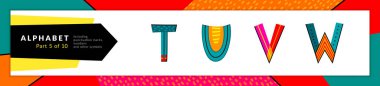 Yazı tipi ve alfabe. Vektör stilize renkli t, u, v, w harfleri ayarlayın. Tipografi tasarım ve illüstrasyon. Funky Font ve eğlenceli dize.