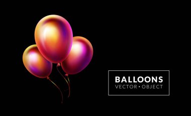 Koyu renkli balonlar. Vektör nesnesi yalıtılmış. Gerçekçi parti veya tatil dekorasyonu. Yatay afiş, duvar kağıdı, poster tasarımı. Doğum günü, yıldönümü, olay illüstrasyon. Balon demeti.