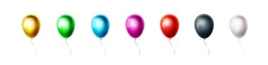 Beyaz arka planda izole altın, yeşil, mavi, mor, kırmızı, siyah, beyaz balonlar ayarlayın. Doğum günü, parti, düğün dekorasyonu için gerçekçi renk helyum Ballon. Vektör Illustration. Nesne koleksiyonu