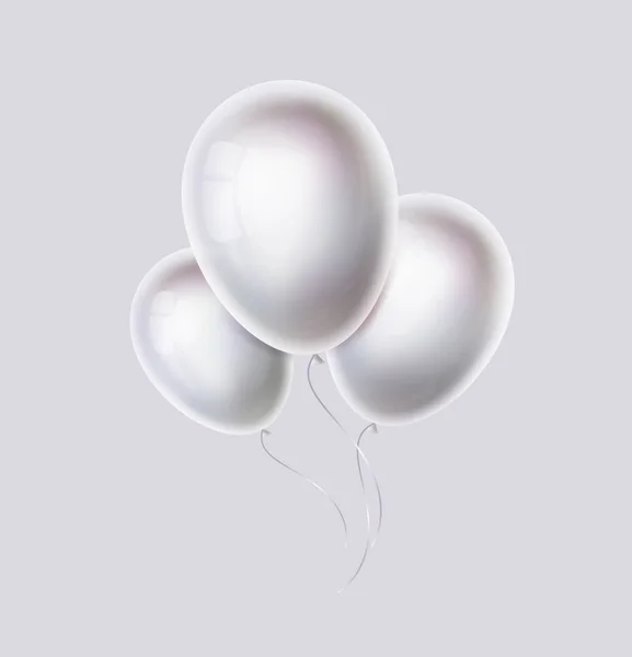 白色气球束。逼真的珍珠,光泽和闪亮的氦球生日,派对,婚礼装饰。飞行。真实对象。矢量插图。Eps10. — 图库矢量图片