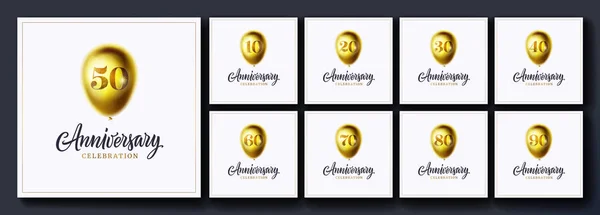 Set van verjaardag viering achtergrond. 10, 20, 30, 40, 50, 60, 70, 80, 90, jaar verjaardag. Gouden 3D-ballon met nummer en Jubileumviering tekst geïsoleerd. Luxe vector ontwerp templates — Stockvector