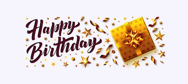 Cartel de ilustración vectorial de feliz cumpleaños y tarjetas con caja de regalo de oro, confeti, estrellas, serpentinas y texto de feliz cumpleaños escrito en caligrafía estilo artesanal. Plantilla para fiesta y celebración . — Vector de stock