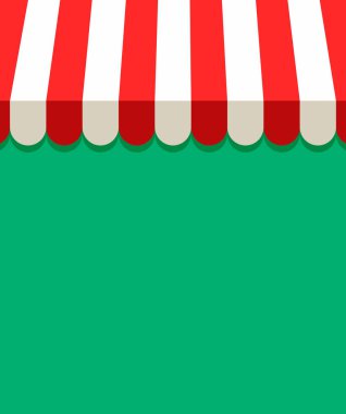 Tente ve gölgelik vektör arka plan. Mağaza, kafe, mağaza, market veya restoranlar için kırmızı ve beyaz çizgili tente. Izole. Kopyalama alanı ile web ve baskı için düz illüstrasyon.