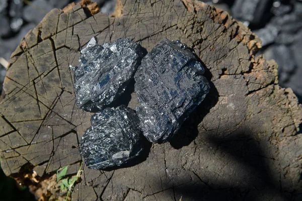 광산에서 석탄은 석탄을 배경으로 나무위에 있습니다 — 스톡 사진