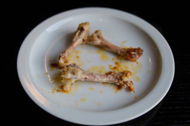 Siyah bir masada bir tabak üzerinde tavuk bacakları artıkları