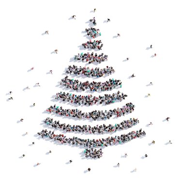 Bir sürü insan formu Noel ağacı, çizim çocuk. 3D render.