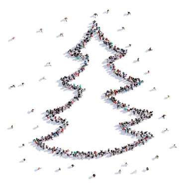 Bir sürü insan formu Noel ağacı, çizim çocuk. 3D render.