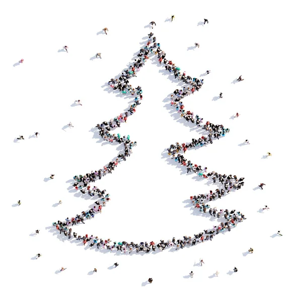 En massa människor form julgran, barnens teckning. 3D-rendering. — Stockfoto