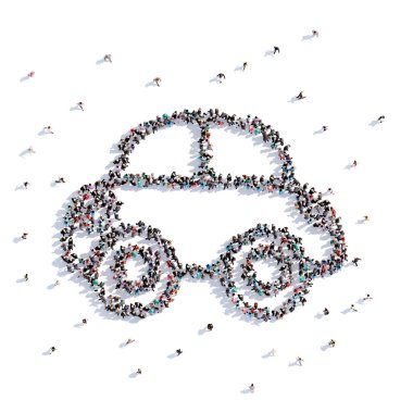 Bir sürü insan formu araba, el çizimi. 3D render.