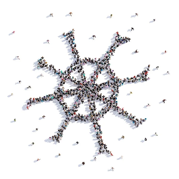Viele Menschen formen Schneeflocken, Weihnachten, Kinderzeichnungen. 3D-Darstellung. — Stockfoto