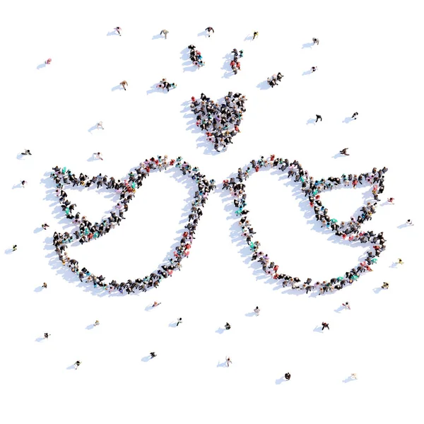En massa människor bildar duvor, bröllop, kärlek, ikonen. 3D-rendering. — Stockfoto