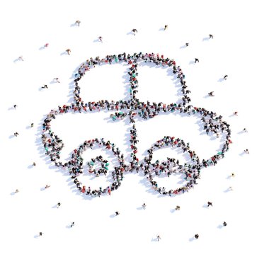 Bir sürü insan formu çocuk araba, kutsal kişilerin resmi. 3D render.