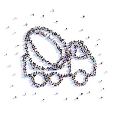 Bir sürü insan formu düğün araba, aşk, kutsal kişilerin resmi. 3D render.