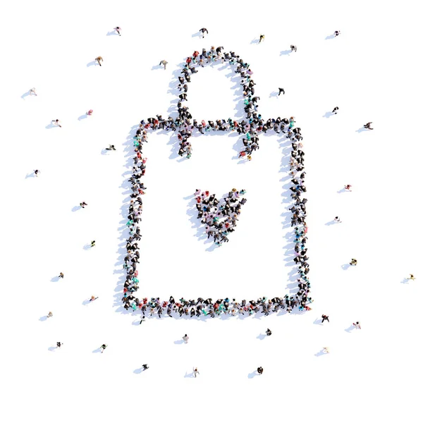 Багато людей формують сумку з їжею, любов'ю, іконою. 3D візуалізація . — стокове фото